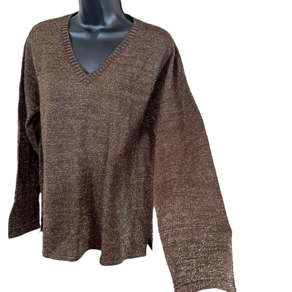 Vintage Terry Lewis Classic Luxuries Brown Metallic Wool Blend V-Neck Sweater - Picture 4 of 13
